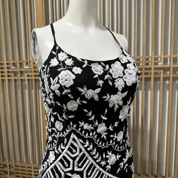 100% Silk 90s Beaded Black and White Dress Size Large Prom - Picture 4 of 11